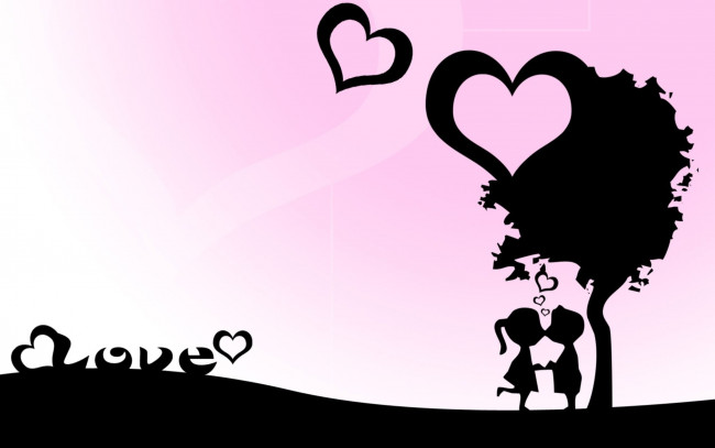 Обои картинки фото векторная графика, люди , people, пара, сердечки, поцелуй, дерево