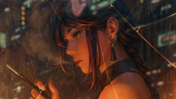 Картинка фэнтези _guweiz девушка лицо сигарета мундштук серьги