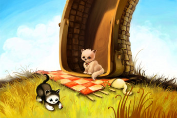 Картинка рисованное животные +коты котята корзина коврик пригорок