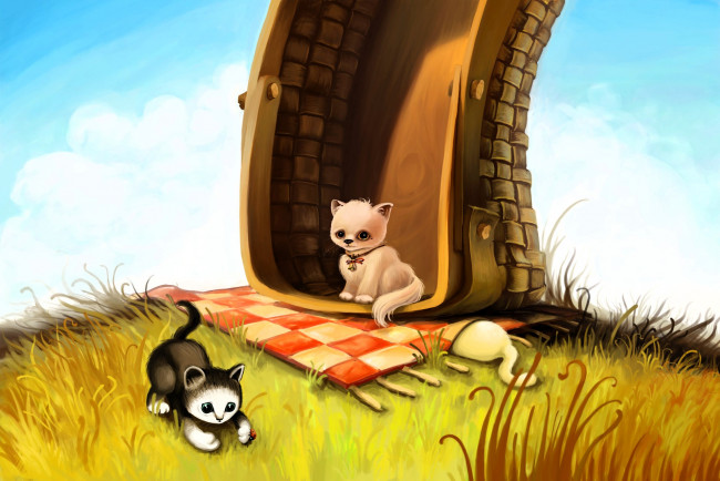 Обои картинки фото рисованное, животные,  коты, котята, корзина, коврик, пригорок