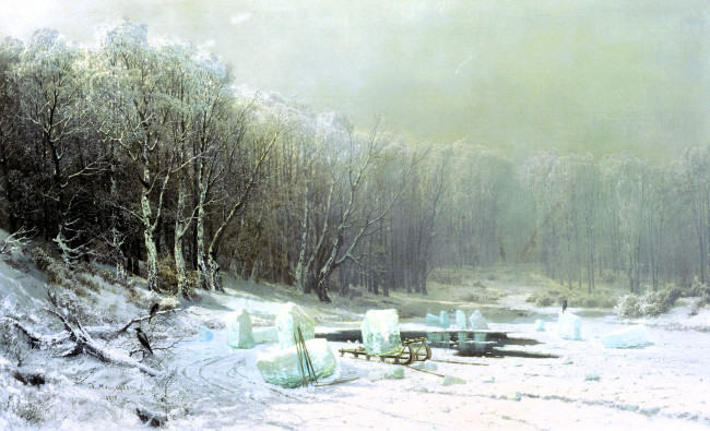 Обои картинки фото мещерский арсений - зима,  ледокол, рисованное, арсений мещерский, зима, снег, лед, река, сани, прорубь, лес