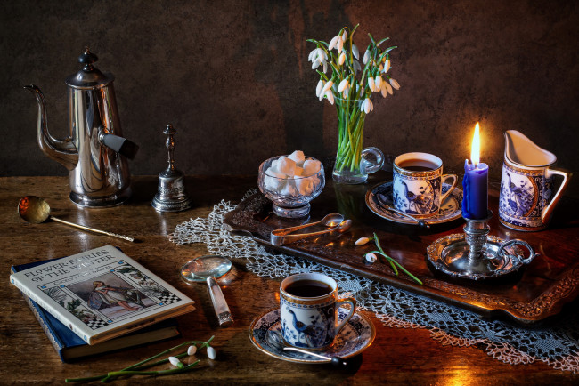 Обои картинки фото еда, натюрморт, книги, свеча, кофе, сахар
