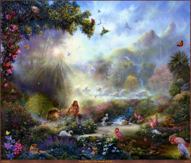 Картинка tom dubois the breath of life фэнтези иные миры времена цапли львы павлин кони бабочки леопард пейзаж лебеди рай фламинго природа цветы лес