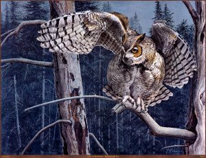 обоя guy, coheleach, balancing, act, рисованные, арт, ветка, дерево, лес, филин, сова