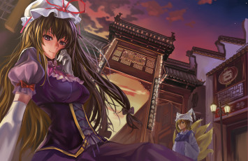 Картинка аниме touhou бантики вечер фонарь город