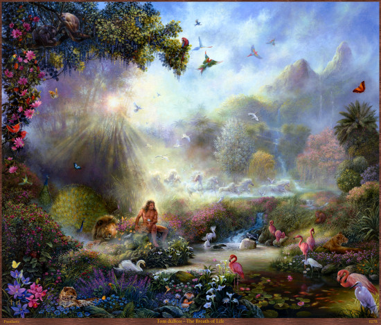 Обои картинки фото tom, dubois, the, breath, of, life, фэнтези, иные, миры, времена, цапли, львы, павлин, кони, бабочки, леопард, пейзаж, лебеди, рай, фламинго, природа, цветы, лес