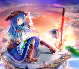 Картинка аниме touhou взгляд art девушка hinanawi tenshi koruto21 камень платье меч шляпа сидит румянец рассвет солнце облака небо вода