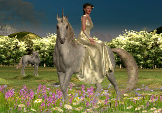 Картинка 3д+графика fantasy+ фантазия единороги девушка природа
