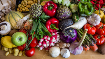 Картинка еда фрукты+и+овощи+вместе боклажаны лук яблоки лимон спаржа редька грибы помидоры перец фрукты овощи редис томаты