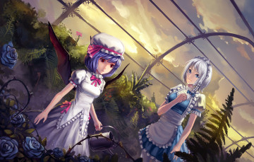 Картинка аниме touhou арт лейка крылья розы цветы оранжерея девушки