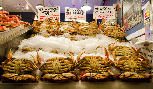 Обои картинки фото еда, рыба,  морепродукты,  суши,  роллы, крабы, прилавок