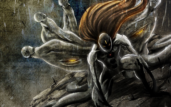 Обои картинки фото аниме, bleach, блич, арт, монстр, волосы, черепа, дождь