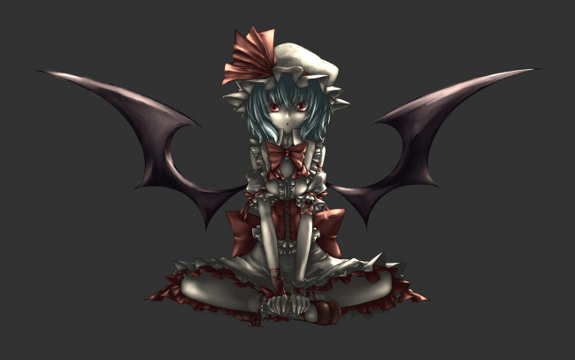 Обои картинки фото аниме, touhou, серый, фон, игра, remilia, scarlet, крылья, девушка, art