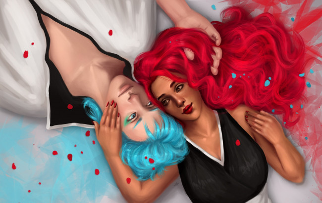 Обои картинки фото аниме, bleach, гримджоу, джагерджак, аранкар, секста, пара, нежность, арт, девушка, синие, волосы, точки, парень, эспада, пустой