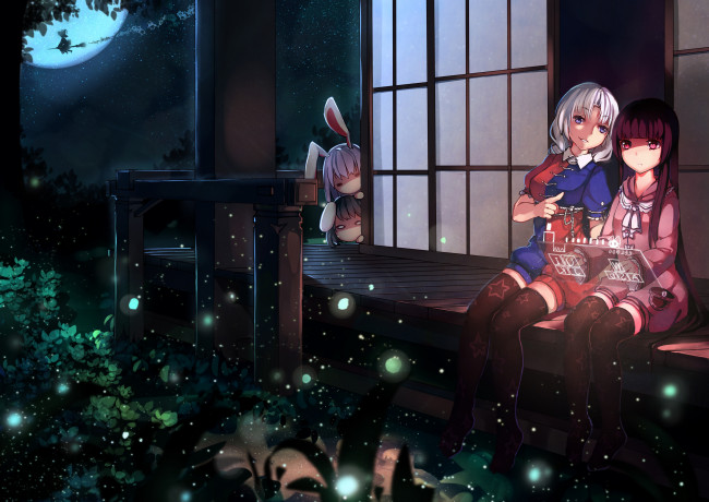 Обои картинки фото аниме, touhou, yagokoro, eirin, ouhou, houraisan, kaguya, reisen, udongein, inaba, kirisame, marisa, тохо, трава, свет, светляки, ночь, девушки, tewi, звезды, небо, ножки, чулки, луна