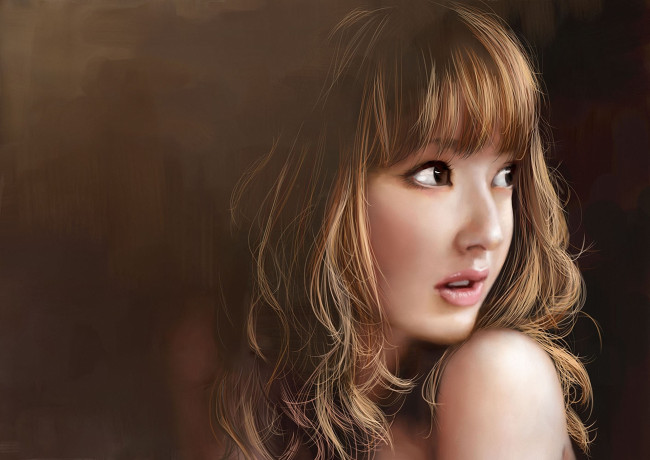 Обои картинки фото рисованные, люди, плечо, волосы, фон, девушка