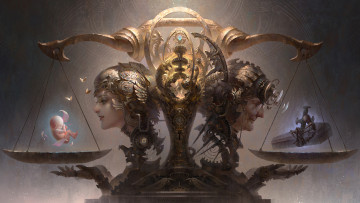 Картинка фэнтези роботы +киборги +механизмы весы рождение смерть ребенок гроб скелет крест женщина мужчина профиль