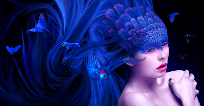 Обои картинки фото фэнтези, девушки, девушка, лицо, волосы, птицы, сказка