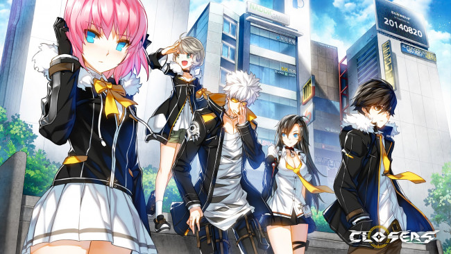 Обои картинки фото аниме, closers, парни, девушки, арт, игра, город