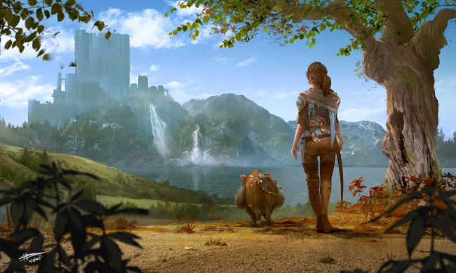 Обои картинки фото фэнтези, красавицы и чудовища, richard, sashigane, девушка, свинья, пейзаж