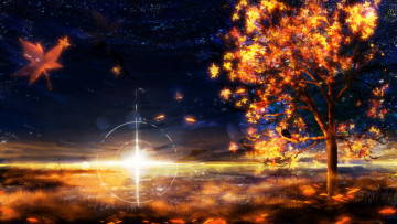 Картинка рисованное природа небо закат осень листья клена