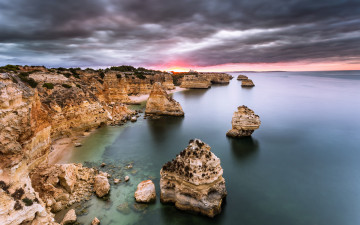 Картинка природа побережье sunrise dawn atlantic ocean rock portuga algarve