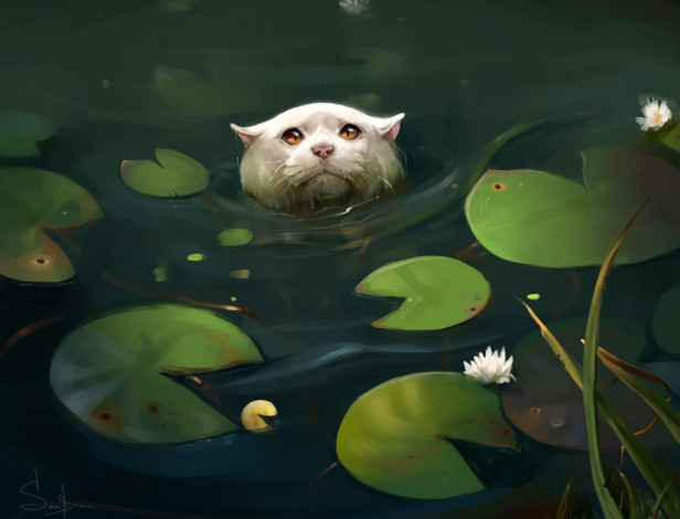 Обои картинки фото рисованное, животные,  коты, кувшинки, кошка