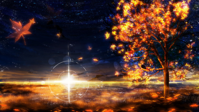 Обои картинки фото рисованное, природа, небо, закат, осень, листья, клена