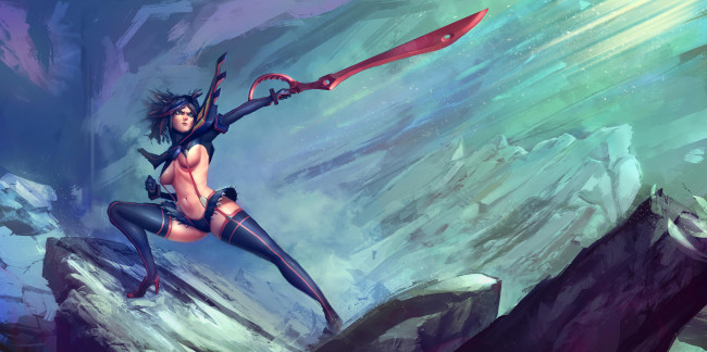 Обои картинки фото аниме, оружие,  техника,  технологии, меч, униформа, взгляд, фон, девушка