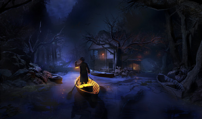 Обои картинки фото фэнтези, люди, свет, мужчина, лодка, фон, дом, река