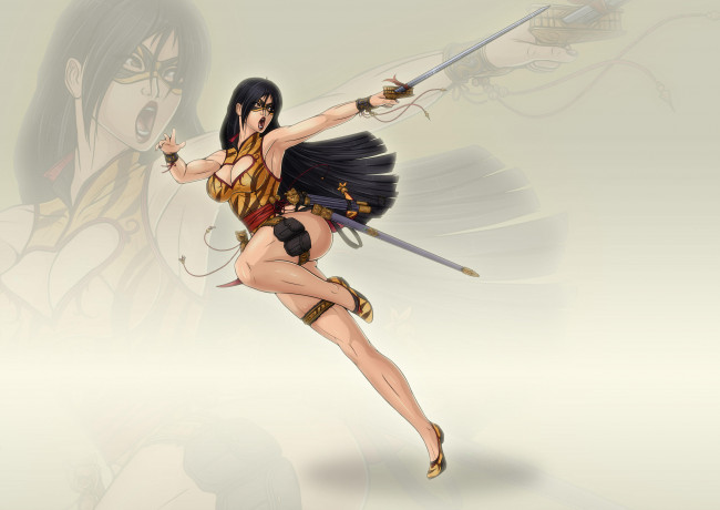 Обои картинки фото рисованное, комиксы, сабля, маска, фон, девушка