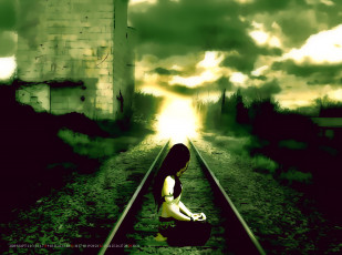 обоя календари, компьютерный дизайн, рельсы, шпалы, свет, девушка, сидеть, calendar, 2020