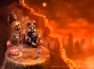 обоя календари, фэнтези, скелет, торт, стол, противогаз, calendar, 2020