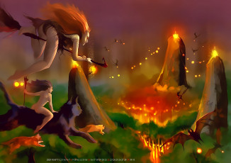 Картинка календари фэнтези ведьма рыжая кошка полет девушка мышь летучая calendar 2020