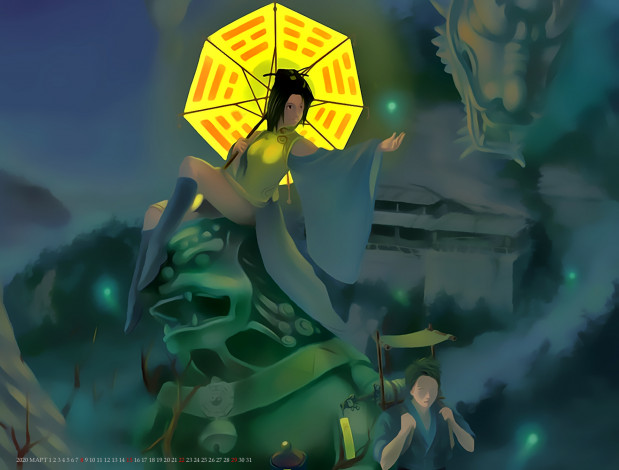 Обои картинки фото календари, фэнтези, девушка, зонт, желтый, носильщик, calendar, 2020