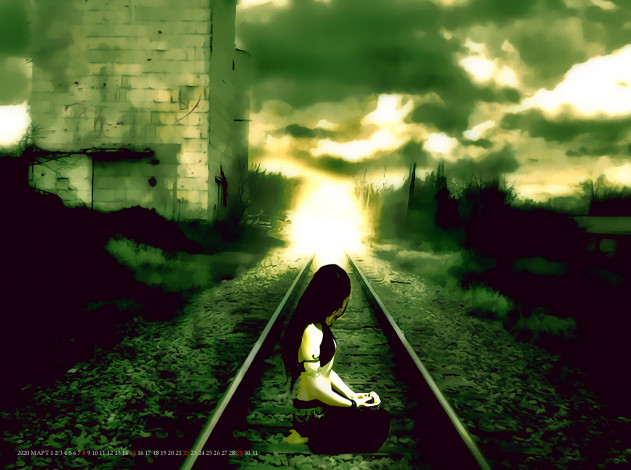 Обои картинки фото календари, компьютерный дизайн, рельсы, шпалы, свет, девушка, сидеть, calendar, 2020