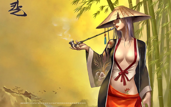 Обои картинки фото календари, рисованные,  векторная графика, шляпа, трубка, женщина, девушка, calendar, 2020