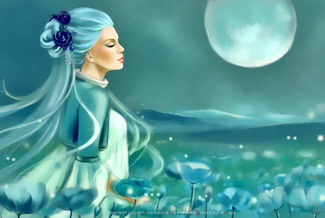 Обои картинки фото календари, фэнтези, цветы, женщина, профиль, природа, луна, девушка, calendar, 2020