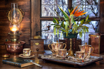 Картинка еда натюрморт лампа кофемолка чайный сервиз
