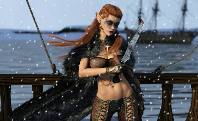 Обои картинки фото 3д графика, эльфы , elves, девушка, фон, взгляд, нож, униформа