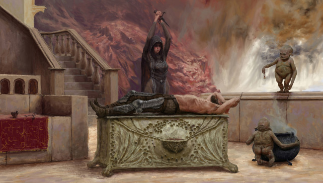 Обои картинки фото фэнтези, иные миры,  иные времена, девушка, мужчина, жертва, кинжал, жертвоприношение