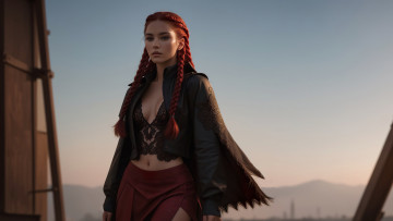Картинка нейросеть 3д+графика фантазия+ fantasy girl red hair art digital jacket leather
