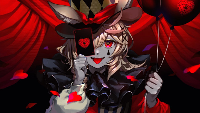 Обои картинки фото аниме, virtual youtuber, наряд, шарики, карты, сердечки, лицо