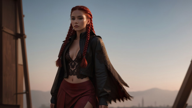 Обои картинки фото нейросеть, 3д графика, фантазия , fantasy, girl, red, hair, art, digital, jacket, leather