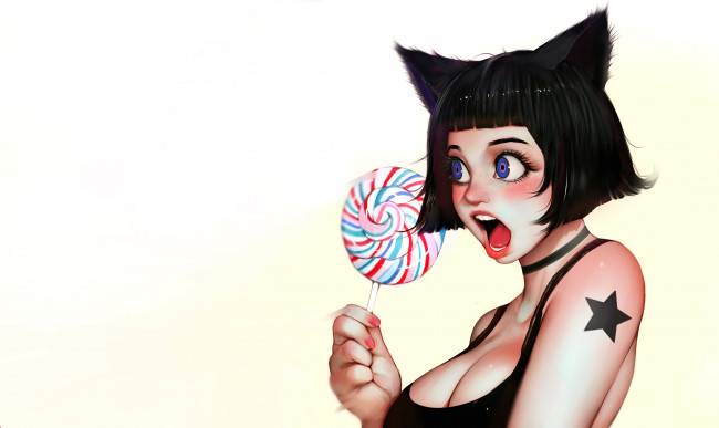 Обои картинки фото аниме, животные,  существа, девушка, ушки, эмоции, тату, леденец