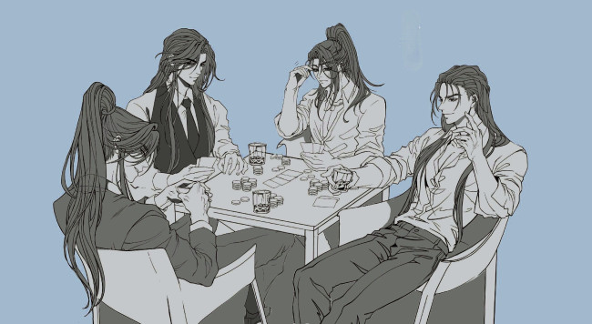 Обои картинки фото аниме, unknown,  другое , парни, стол, игра, бокалы, карты, деньги