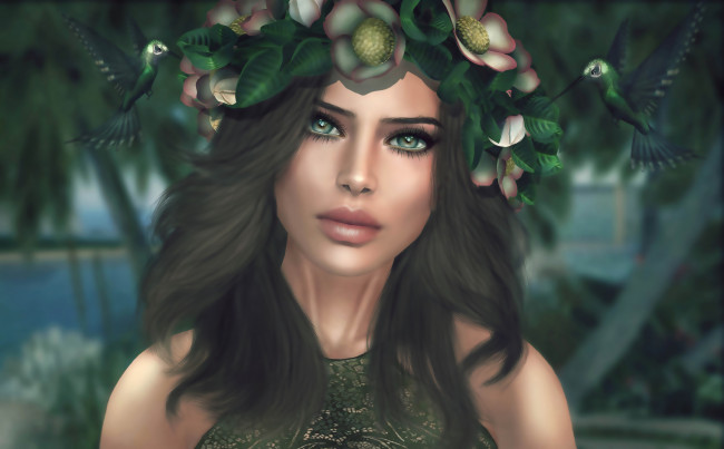 Обои картинки фото 3д графика, portraits , портрет, птицы, венок