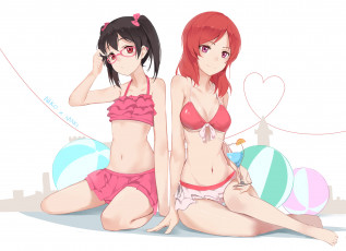 Картинка аниме love+live +school+idol+project gensou kuro usagi девушки арт yazawa nico nishikino maki купальники фон нить мячи love live school idol project