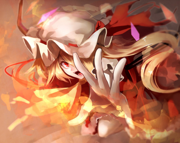 Обои картинки фото аниме, touhou, девушка, арт, пламя, рука, взгляд, yellow, skies, fami, flandre, scarlet