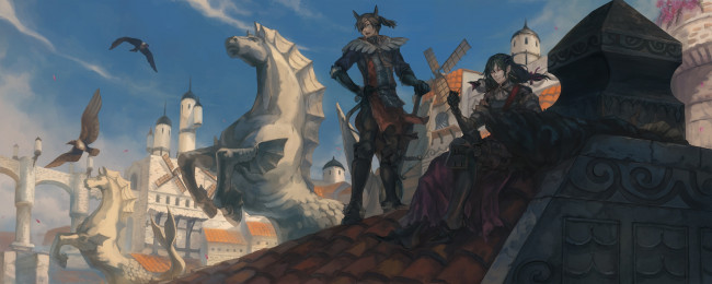 Обои картинки фото аниме, pixiv fantasia, pixiv, fantasia, oca, арт, парни, город, крыша, статуя, лошадь, эльф, неко, меч